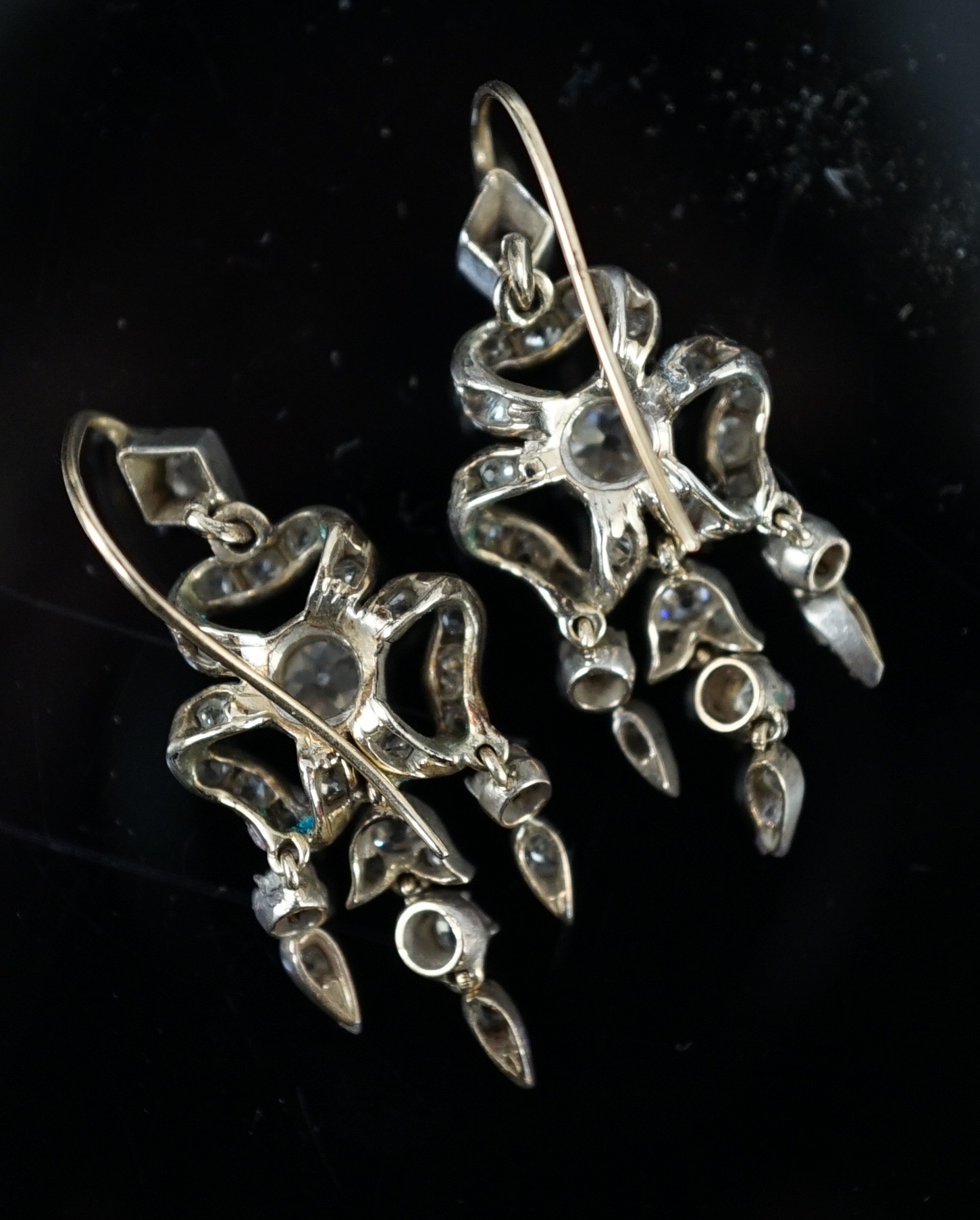 A pair of 19th century gold, silver and old cut diamond set drop earrings